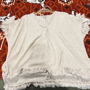 Umgee Cream Fringe Boxy V-Neck Tunic